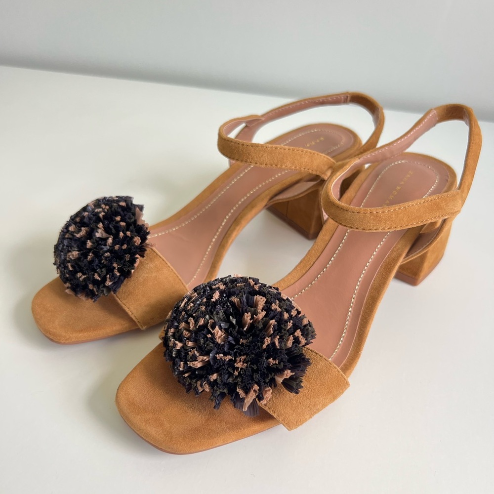 Zara Woman Elegant Tan Suede Block Heel Sandals with Pom Pom Detail 39